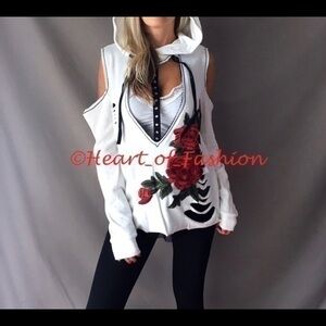 French Terry Cold Shoulder Distressed Hoodie White